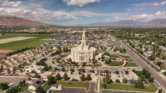 Aerial religion Payson Utah LDS Temple circle 2. The Church of Jesus Christ of Latter-day Saints, LDS or Mormon religion. Fast growing christian religious groups. Headquartered in Salt Lake City.