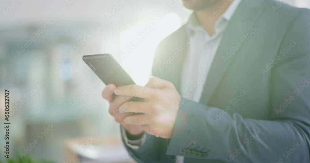 Poster Business man, hands and phone networking in a office with text and online job search. Company, professional and mobile contact with social media scroll and message on a website and app at workplace