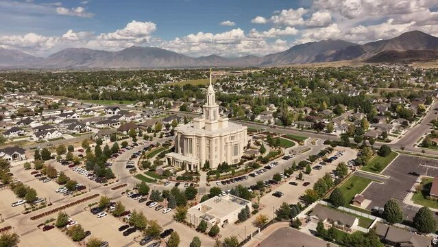 Aerial religion Payson Utah LDS Temple circle 1. The Church of Jesus Christ of Latter-day Saints, LDS or Mormon religion. Fast growing christian religious groups. Headquartered in Salt Lake City.