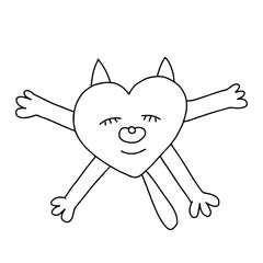 Hand drawn black vector illustration a portrait of a beautiful fun adult young sleeping cat is sleeping heart-shaped. pillow on a white background