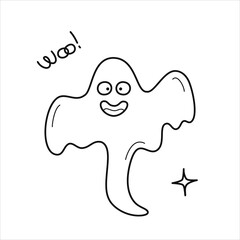 Vector black line illustration of funny halloween ghost.