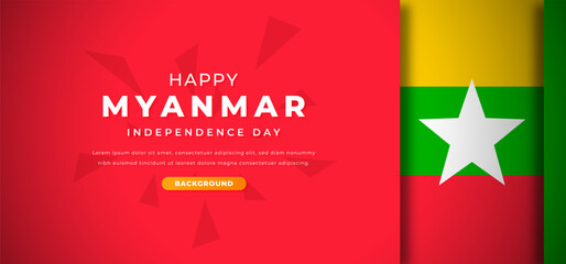Happy Myanmar Independence Day Design Paper Cut Shapes Background Illustration for Poster, Banner, Advertising, Greeting Card