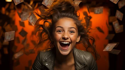 Fotobehang Joyful young girl with pigtails holds a loyalty card and jumps, radiating pure joy and vibrant energy against a colorful studio backdrop. © XaMaps