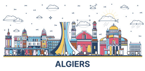 Outline Algiers Algeria city skyline with colored modern and historic buildings isolated on white. - obrazy, fototapety, plakaty