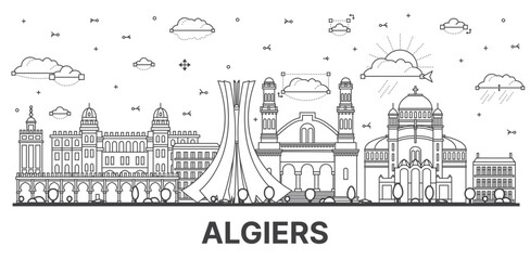 Outline Algiers Algeria city skyline with modern and historic buildings isolated on white.