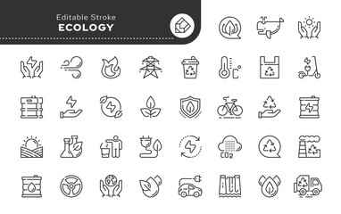 Ecology. Outline linear line icons. Environment and renewable energy. Green ecology and recycling. Vector