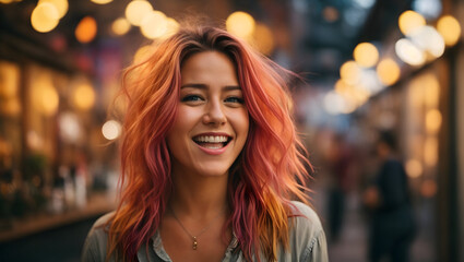 smiling girl with multi colored hair - obrazy, fototapety, plakaty