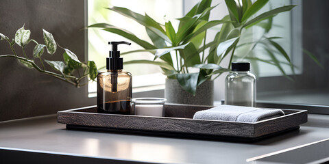 Grey tray with mock up dispenser bottles on a sink in the bathroom, spa cosmetic products concept