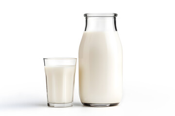 A bottle of rustic milk and glass of milk isolated on white background