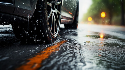 Car drive through rainy day in city streets, wet water dripping tire underside view from low angle