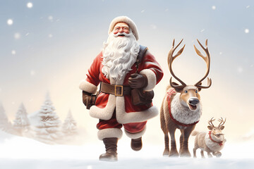  Santa clause with Rudolf on christmas in the snowfield. 3D cartoon.