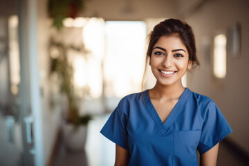Photo portrait of an attractive nurse smiling, in her work clothes, in the middle of a hospital - obrazy, fototapety, plakaty