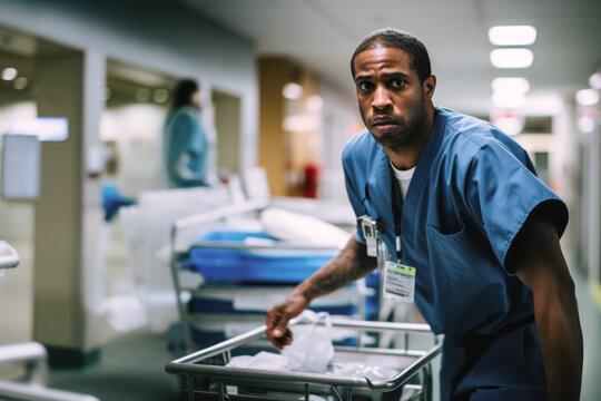 Male nurse in a tense situation at the hospital, looking concentrated and concerned