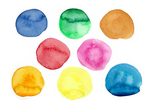 Set of watercolor circles on a white background. Circles of uneven shape and different colors. Different shades of blue and orange, green, red, pink, yellow. Watercolor blur texture. Color samples.