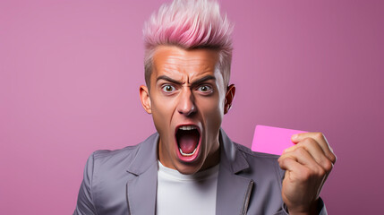 Vibrant, expressive young man with spiky hair shows puzzlement handling his loyalty card on a pastel background. Energetic and humorous depiction of customer rewards confusion.