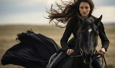 Poster A woman riding a black horse © uhdenis