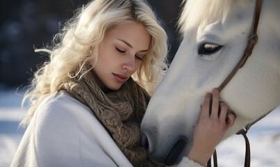 A woman bonding with a majestic white horse through gentle petting