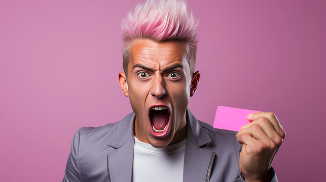 Vibrant, expressive young man with spiky hair shows puzzlement handling his loyalty card on a pastel background. Energetic and humorous depiction of customer rewards confusion.