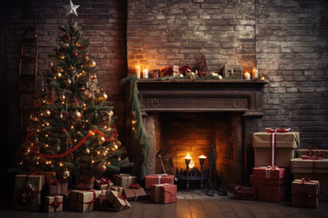 Christmas Tree in cozy living room. Hygge style. Winter holidays concept