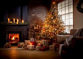 Fototapeta na wymiar Christmas Tree in cozy living room. Hygge style. Winter holidays concept
