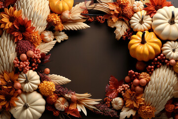 Generative AI Image of Thanksgiving Concept with Autumn Fall Decorations on Dark Background