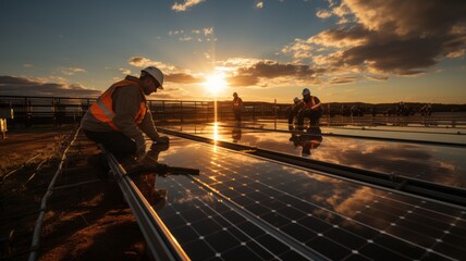people maintaining the solar panels of a community, the sun in the background, sunset