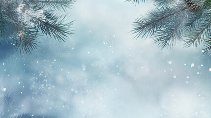 Fototapeta na wymiar Winter background with fir tree branches and snow, copy space. AI