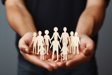 Fototapeta na wymiar Person is seen holding paper cutout of family. Various contexts, such as family, relationships, diversity, or even advertising campaigns promoting unity and togetherness.