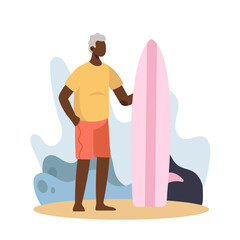 Active American man standing on beach near surfboard. Modern and active lifestyle for old people concept. Flat vector illustration in cartoon style in blue colors