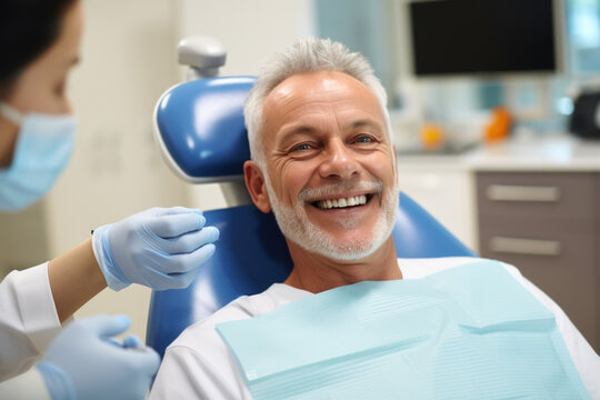 Man sitting in dental chair with his mouth open. This image can be used to depict dental check-up or dental procedure.
