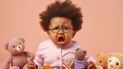 An irate afro infant boy against a pale beige studio backdrop.