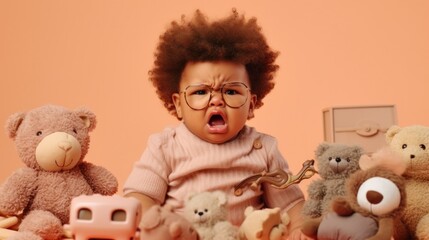 A furious infant boy with a beige studio as the backdrop. - obrazy, fototapety, plakaty