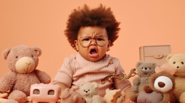 A furious infant boy with a beige studio as the backdrop.