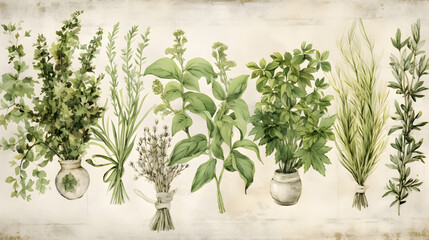 Craft a detailed and fresh background centered around a variety of herbs. Envision sprigs of rosemary, basil leaves, thyme branches, and clusters of cilantro, spread elegantly across the canvas.