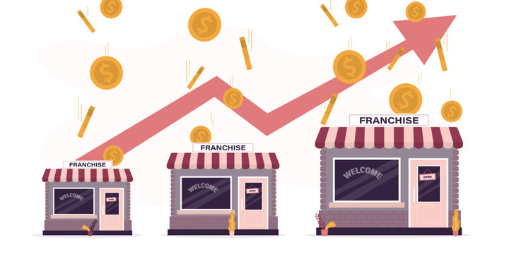 Growth profitable franchise business network, golden money coins falls into store and arrow rise up. Earnings from successful franchise network model. Popular business development model