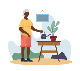 American lady watering plant at home. Positive senior spending time at home. Happy old age. Concept of happy retirement. Flat vector illustration in cartoon style