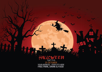 Halloween party haunted house, bats flying at moon night
