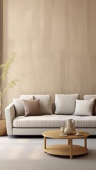 Fototapeta premium Interior design of cozy and sleek living room with stylish sofa, coffee table, flowers in vase, texture wall, fabulous finishings and natural light