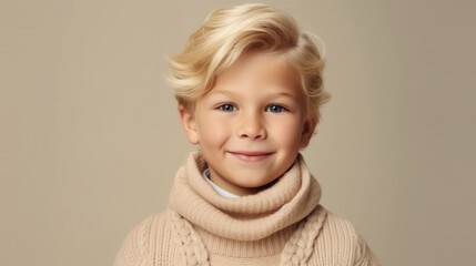 A young boy's delight shines as he poses against a light beige setting.