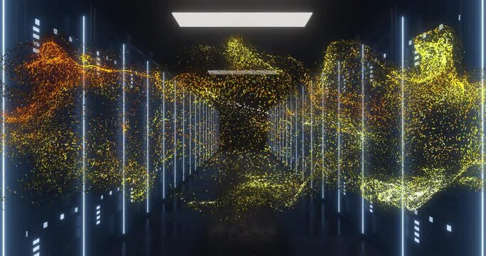 Animation of orange glowing mesh over computer servers