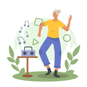 Happy woman dancing in park, training. Modern senior people spending time and resting. Recreation concept. Flat vector illustration in green colors in cartoon style