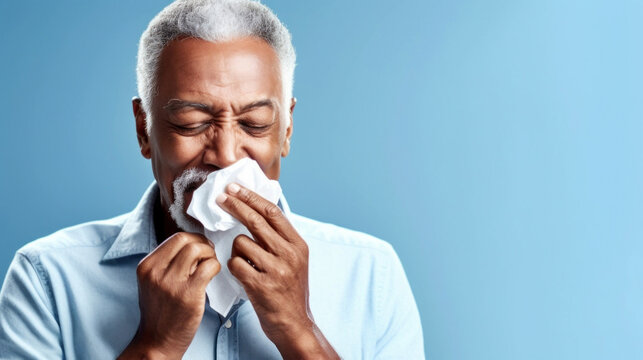 Studio portrait of a senior man with sniffles.