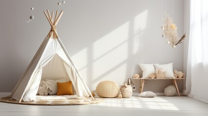 Fototapeta na wymiar Natural colors children room with teepee tent, Scandi interior design AI generated