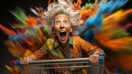 Exhilarating image of an astonished elderly woman with flying hair, gripping a full shopping cart against a saturated studio background. Perfect embodiment of consumer delight.