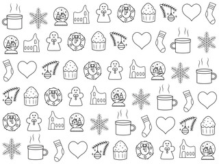 Christmas icon set with snowflakes, hats, star, Christmas tree, balls, orange, sock, gift, drink and garlands. Vector icons for business and holidays