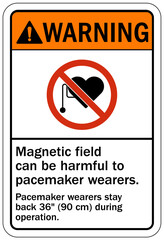 Magnetic field and pacemaker warning sign and labels Magnetic field can be harmful to pacemaker wearers. Pacemaker wearers stay back 36 in. (90 cm) during operation.