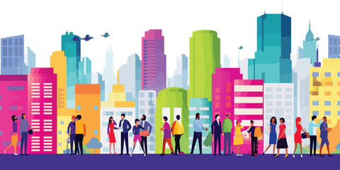 Illustration people in a colorful background, standing in the city, in the style of animated gifs,