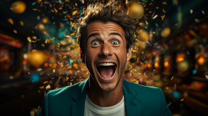 Exhilarating image of thrilled young man with defying hair, holding 'Buy One Get One Free' sign on a colorful studio background, conveying intense joy and excitement.