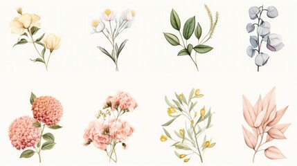 A bunch of different types of flowers on a white background
