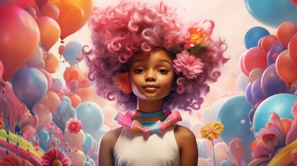 Fototapeta premium A woman with pink hair standing in a field of balloons